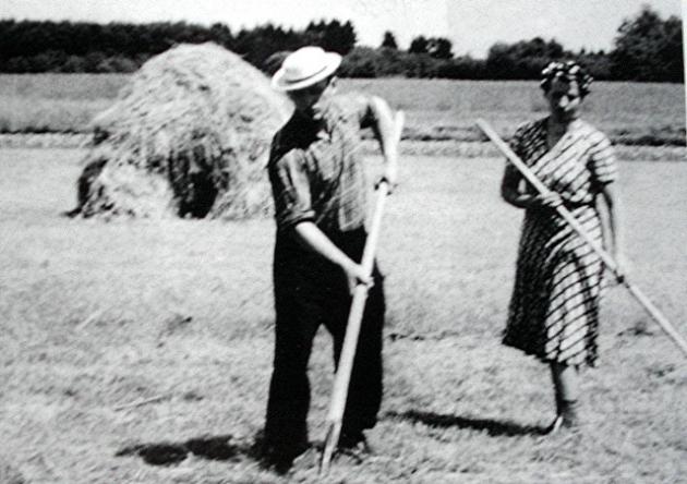 Bauernfamilie bei der Heuernte